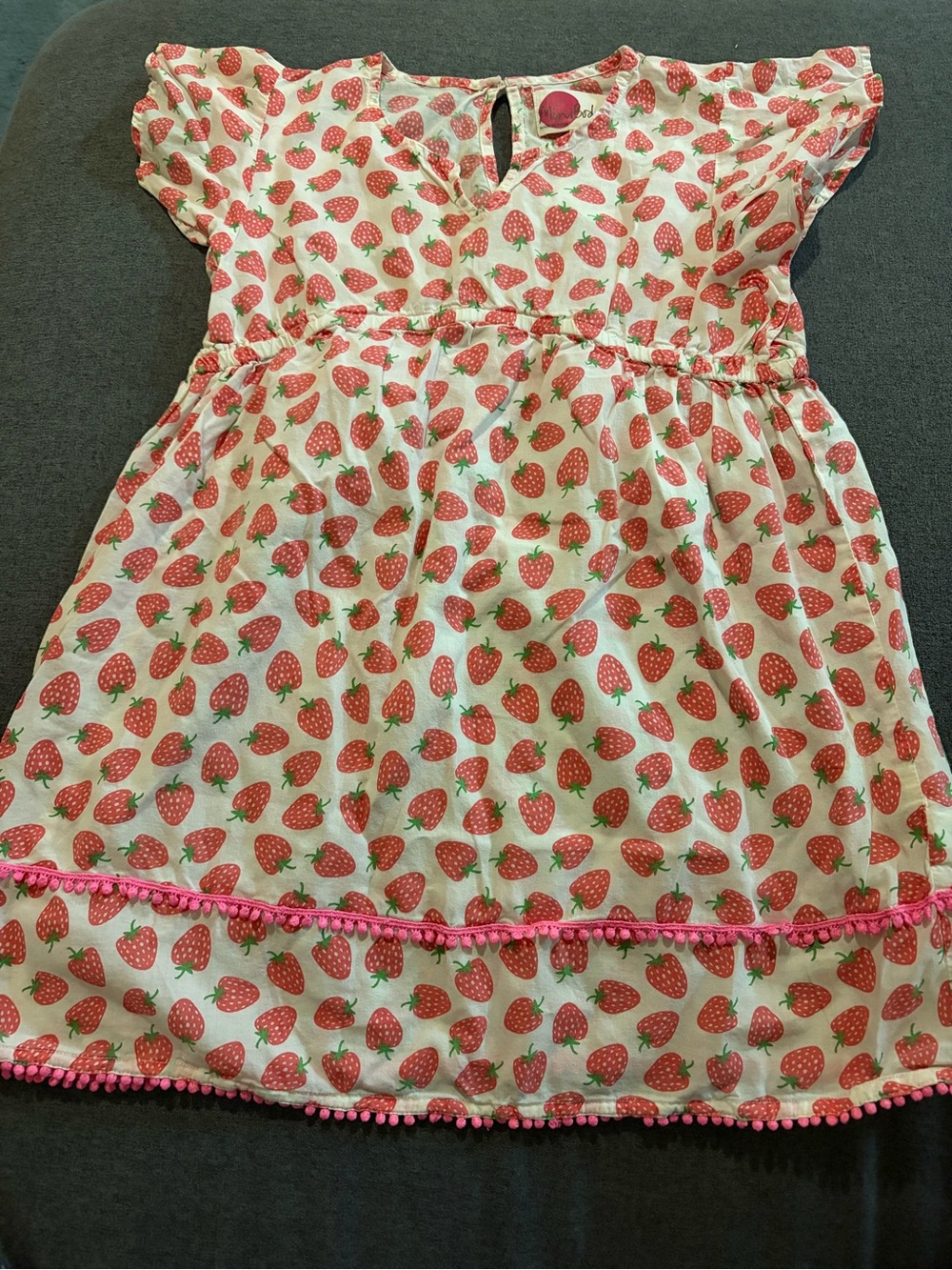 Mini Boden Pink Strawberry Print Dress with Pom-Pom Trim